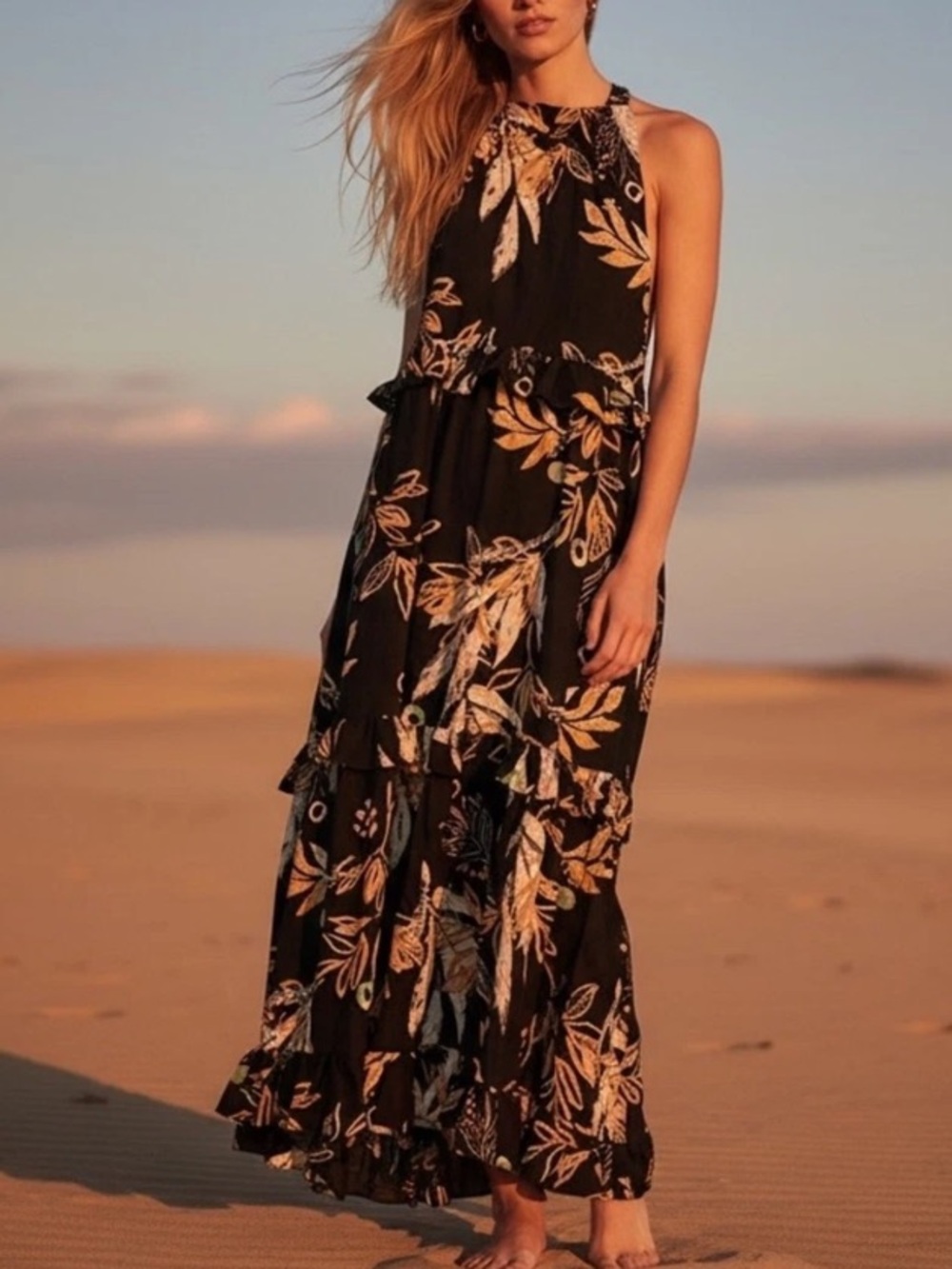 Free People Anita Black Floral Halter Maxi Dress